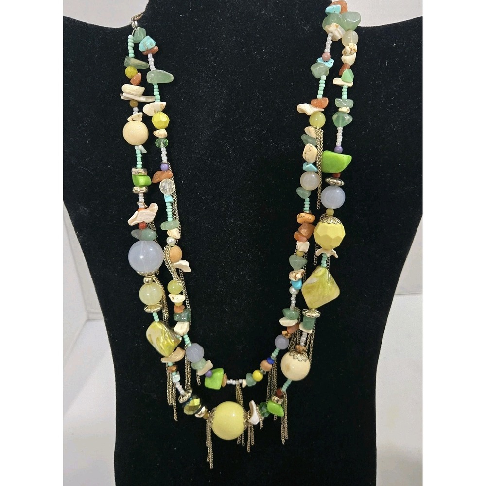Vtg Napier Double Strand Natural Gemstone & Beaded Statement Necklace 18"